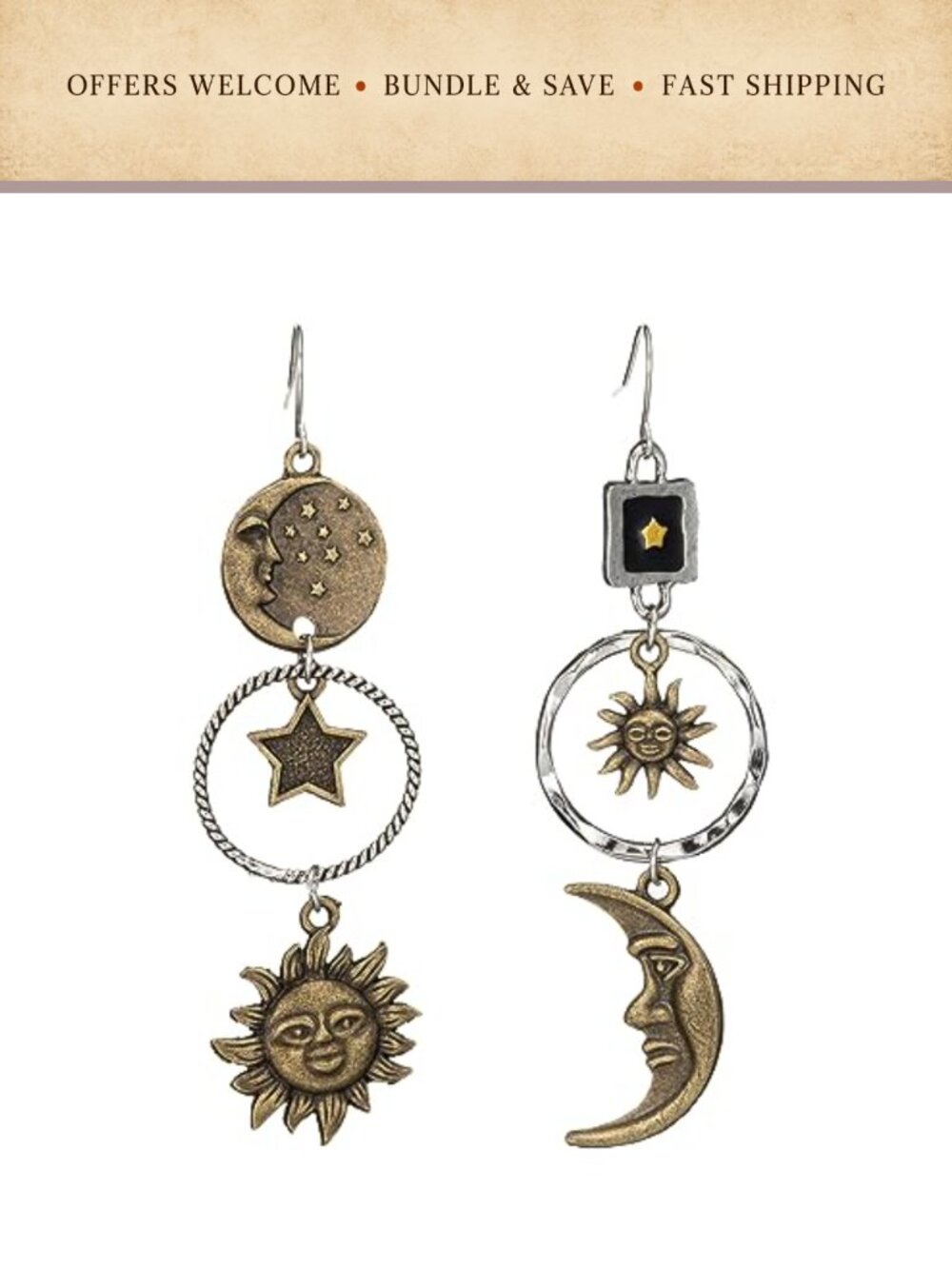 Copper Gold Plated Sun Moon Star Dangle Drop Earrings Retro Bohemian